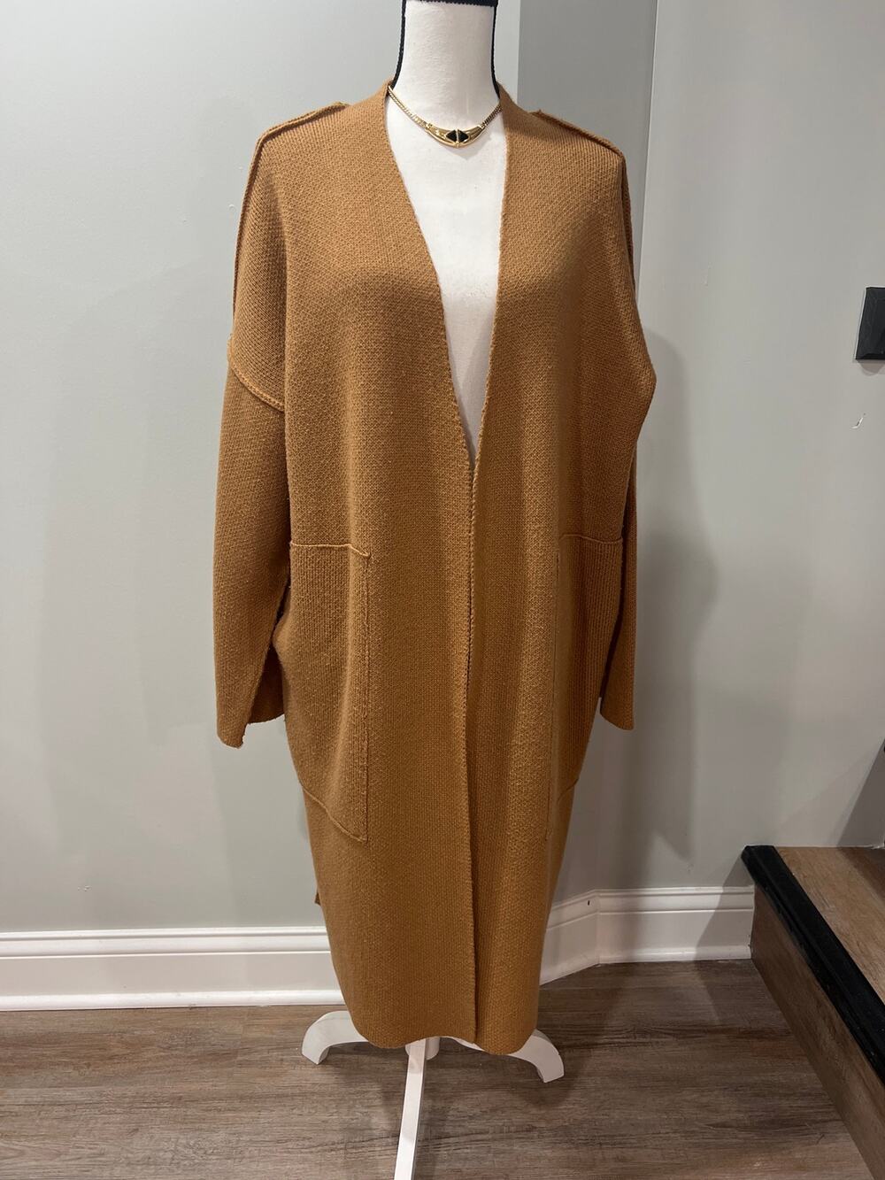Lulus Camel Longline Open Front Cardigan Sweater Side Entry Pockets Size L